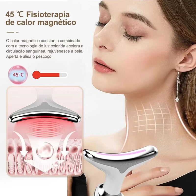 Massageador Portátil com Luz LED Vermelha/Azul/Verde - Redução Rugas e Estímulo Colágeno Facial